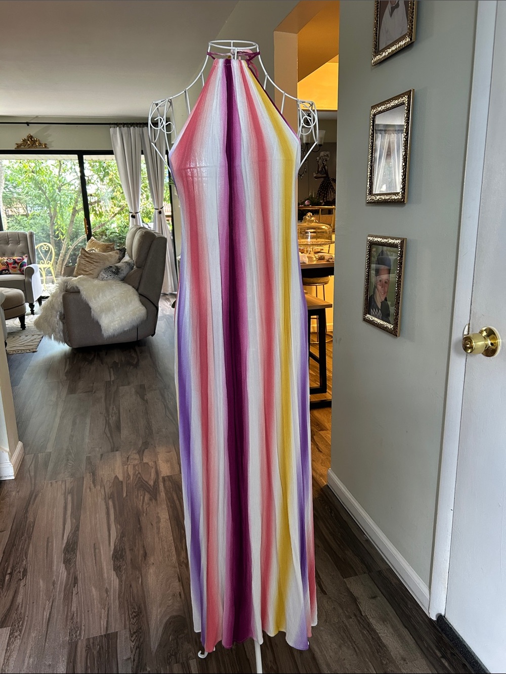 Halter Maxi Dress in Pink, Purple & Yellow Stripes